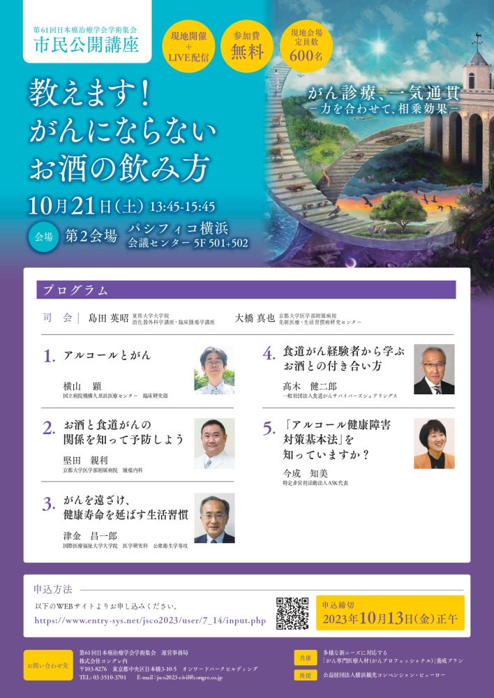第61回日本癌治療学会学術集会　市民公開講座『教えます！がんにならないお酒の飲み方』